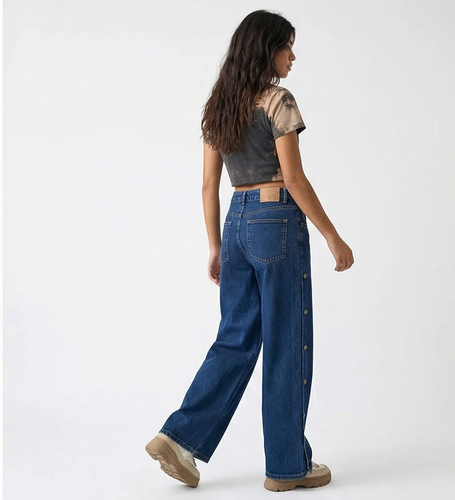 Button-Detail Wide Leg Indigo Jeans - R216411 - Image 4