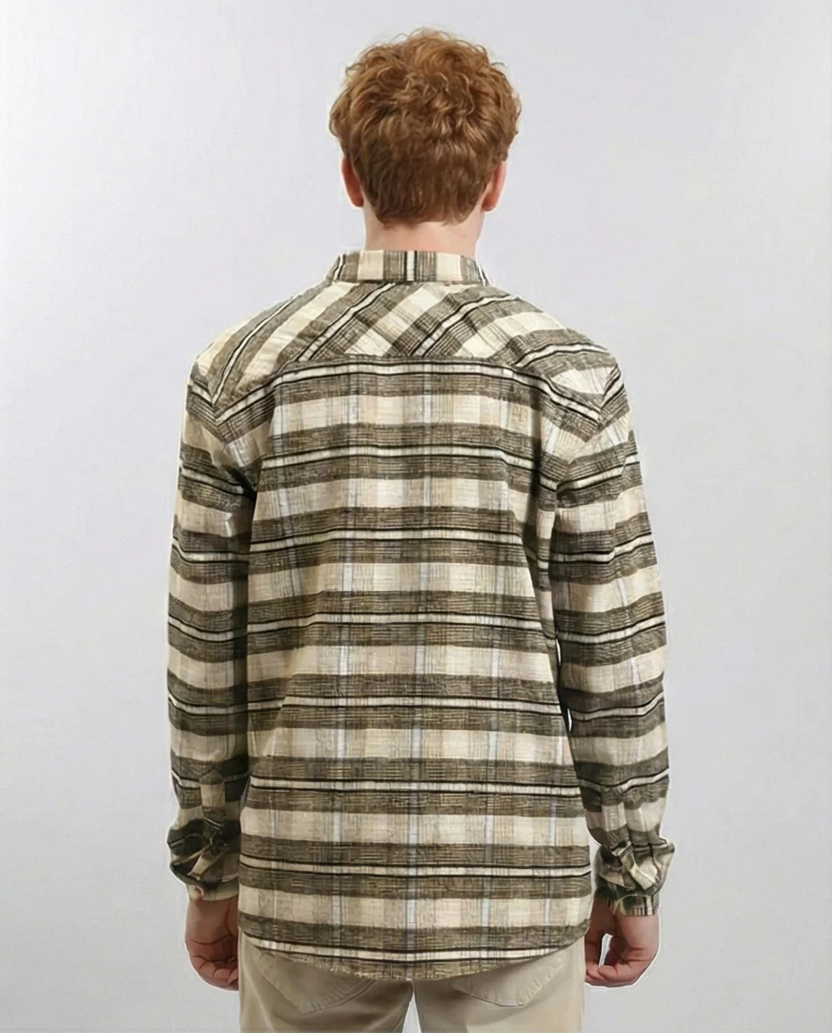 R215009 - Buttons Down Checkered Long Sleeve Shirt - Beige & Black - Image 2