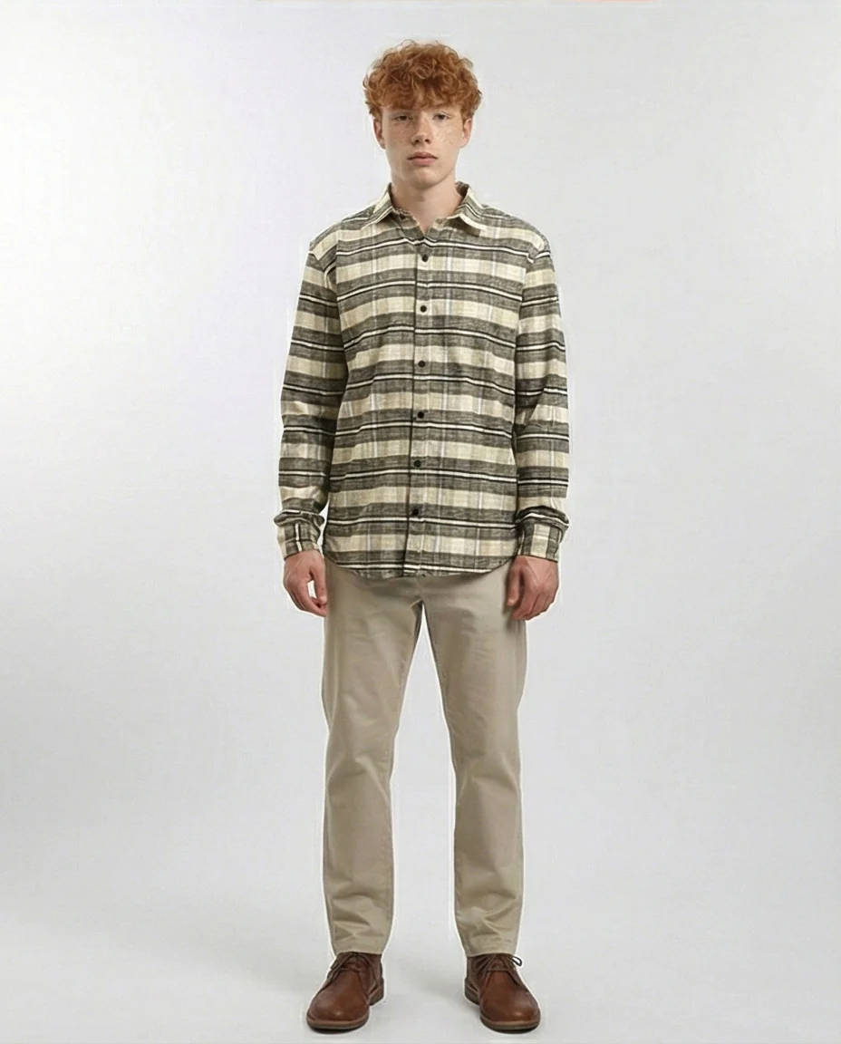 R215009 - Buttons Down Checkered Long Sleeve Shirt - Beige & Black - Image 4