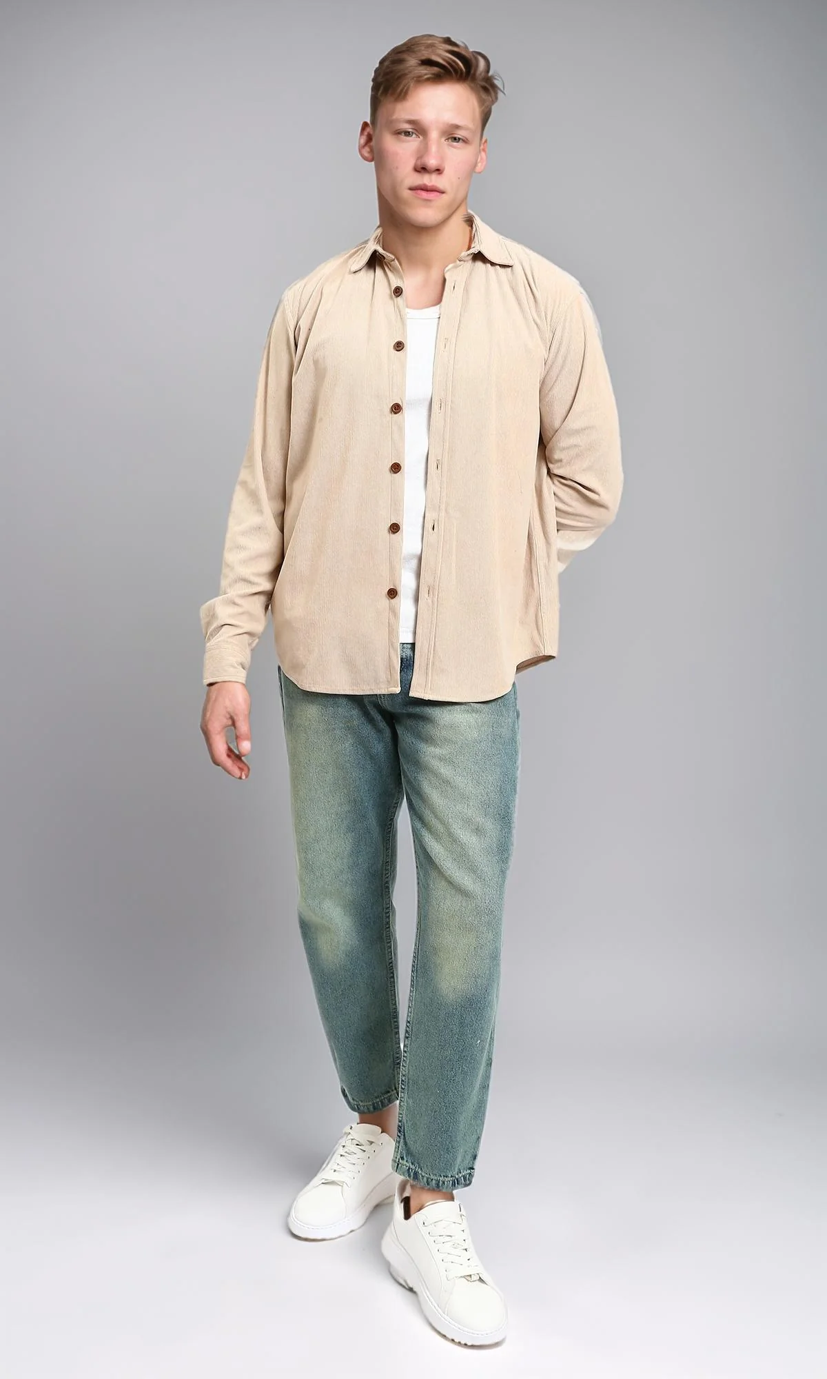 R214896 - Buttons Down Suede Long Sleeve Shirt - Beige - Image 5