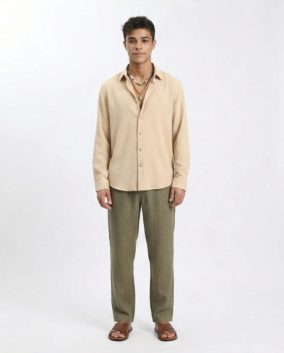 R209104 - Buttons Down Textured Shirt - Sand - Image 3