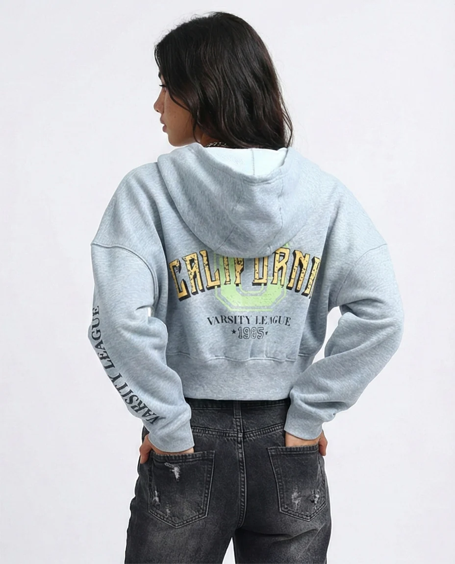 California Varsity Graphic Cropped Zip-Up Hoodie - O200149 - Image 2