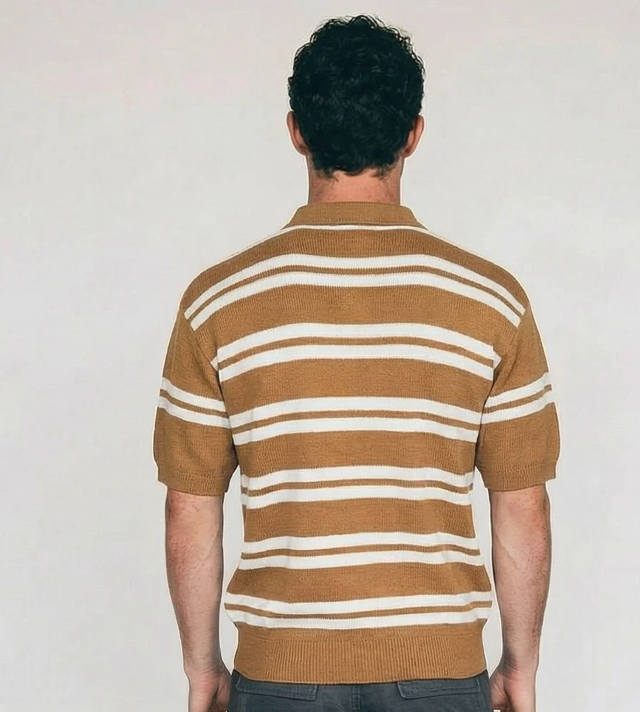 Camel Horizontal Striped Knit Polo Shirt - R217408 - Image 2