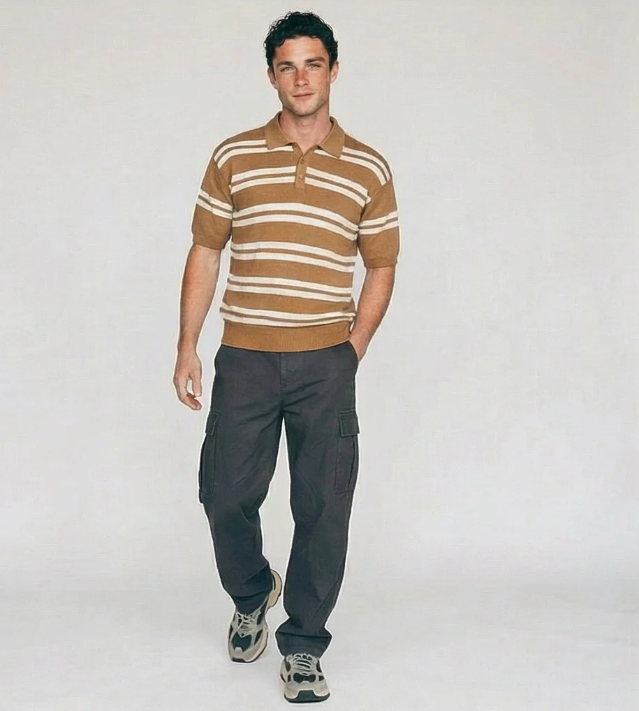 Camel Horizontal Striped Knit Polo Shirt - R217408 - Image 3