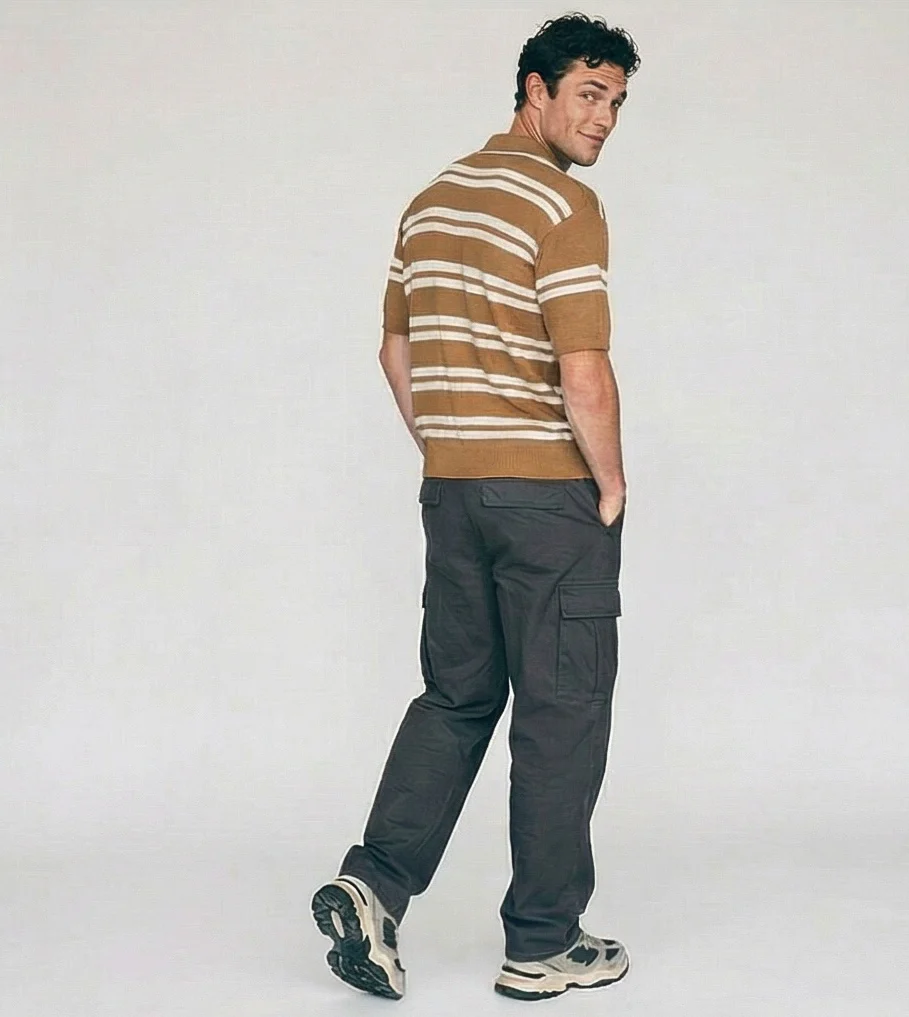 Camel Horizontal Striped Knit Polo Shirt - R217408 - Image 4