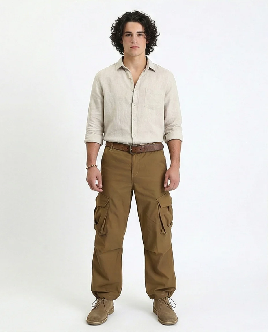 R206588 - Casual Cargo Pants with Pockets - Dark Camel - Image 4