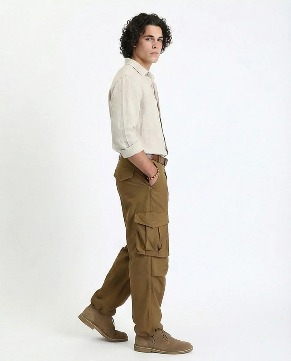 R206588 - Casual Cargo Pants with Pockets - Dark Camel - Image 5