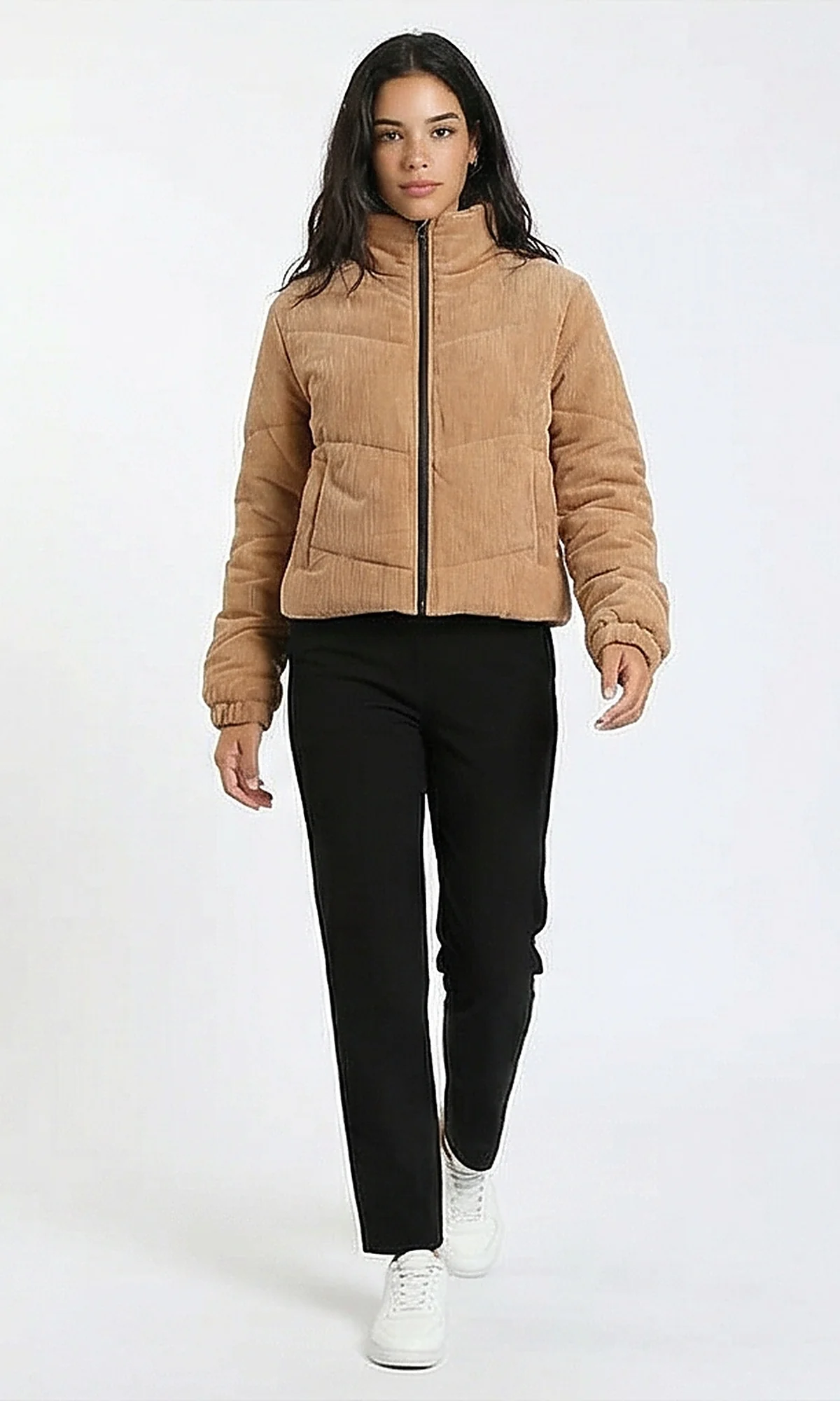 R211241 - Casual Corduroy Jacket with Stand Collar - Dark Camel - Image 3