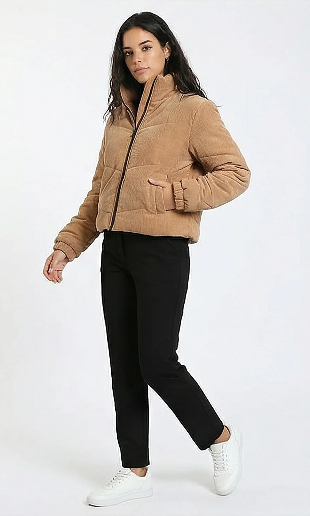 R211241 - Casual Corduroy Jacket with Stand Collar - Dark Camel - Image 4