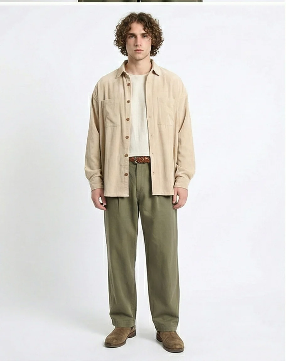R214899 - Casual Long Sleeve Ribbed Shirt - Beige - Image 3