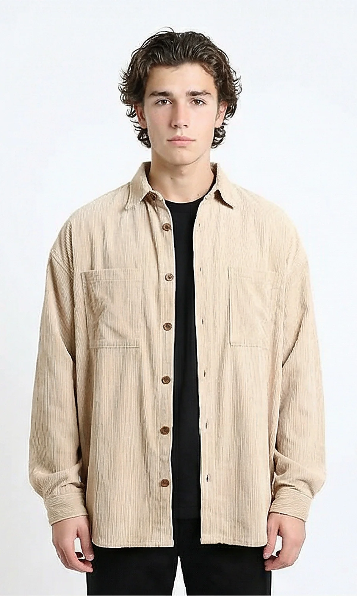 R214899 - Casual Long Sleeve Ribbed Shirt - Beige - Image 5