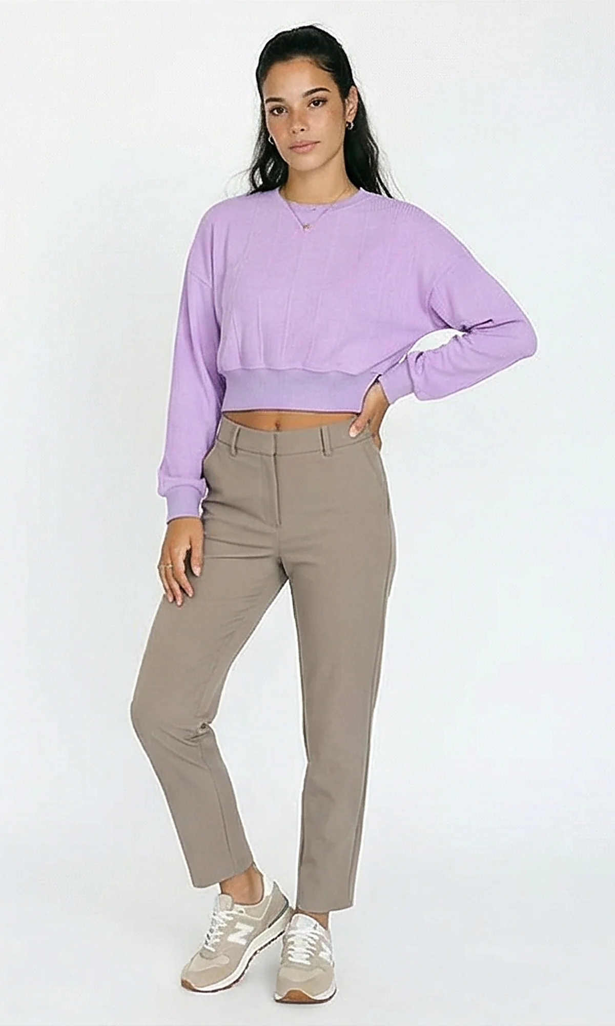 R215301 - Casual Self Striped Cropped Sweatshirt - Light Purple - Image 4