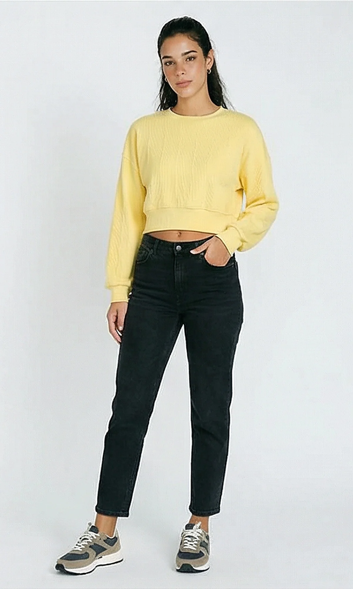 R215299 - Casual Self Striped Cropped Sweatshirt - Yellow - Image 4