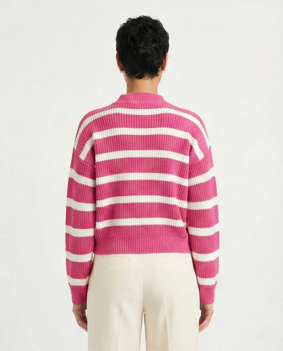 R211188 - Casual Striped Pullover with Ribbed Neck - Fuchsia & White - Image 2