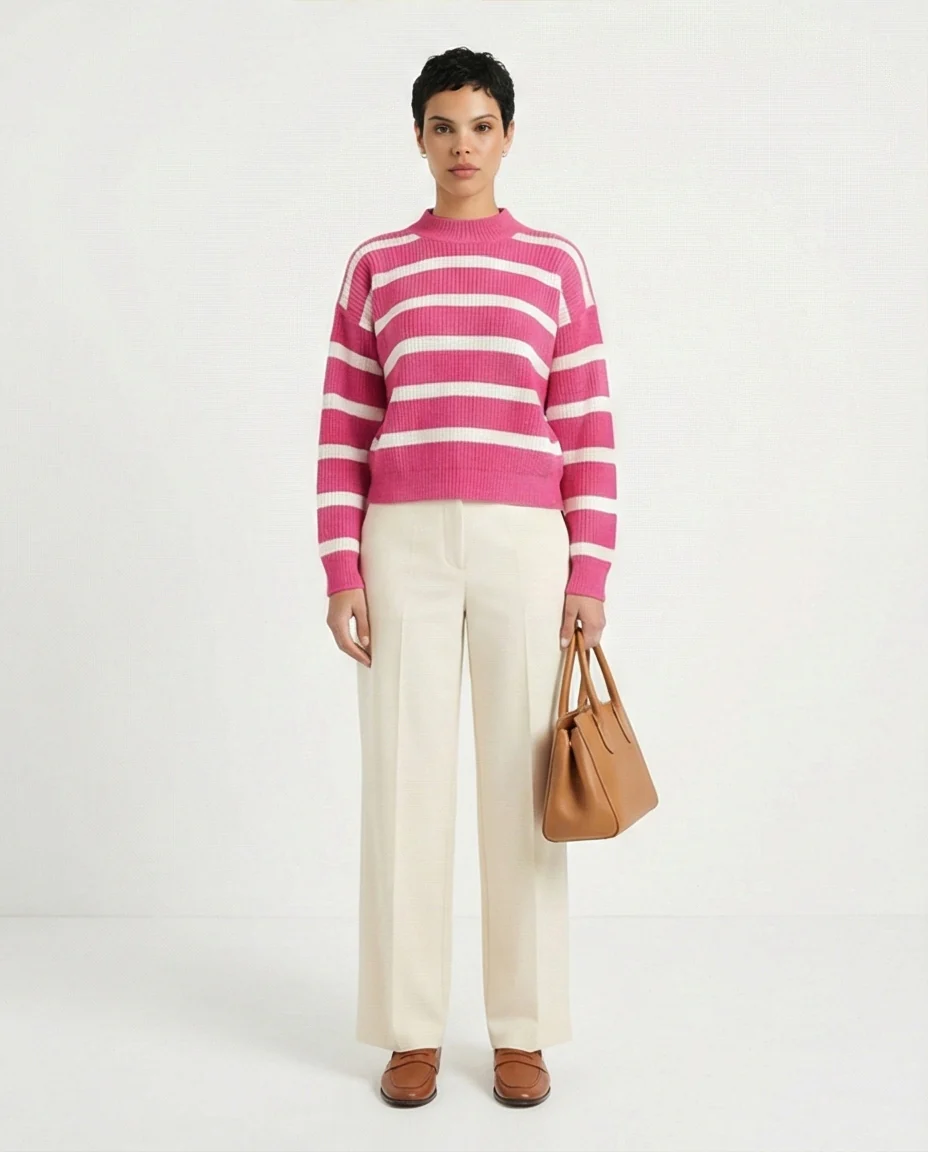 R211188 - Casual Striped Pullover with Ribbed Neck - Fuchsia & White - Image 3