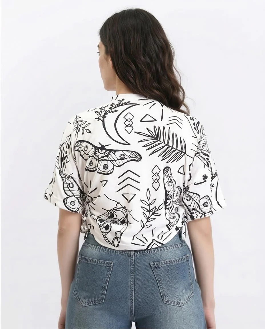 Ravin Celestial & Botanical Print Tied Tee - White & Black - R209835 - Image 2