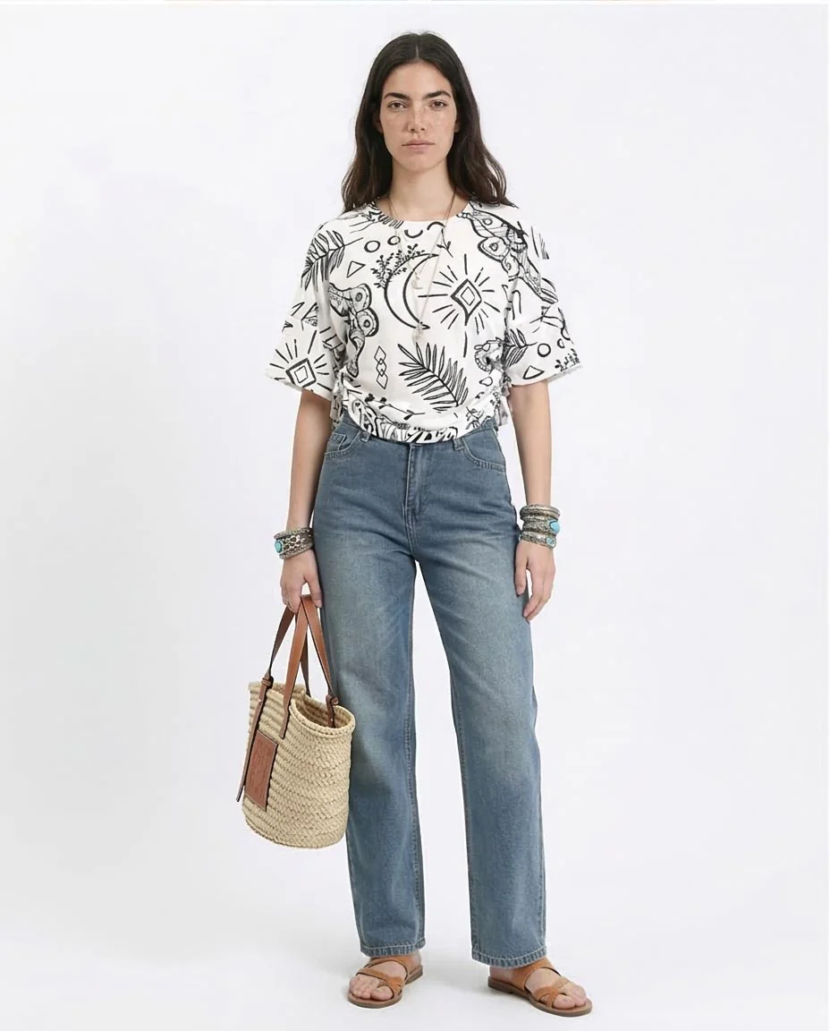 Ravin Celestial & Botanical Print Tied Tee - White & Black - R209835 - Image 3