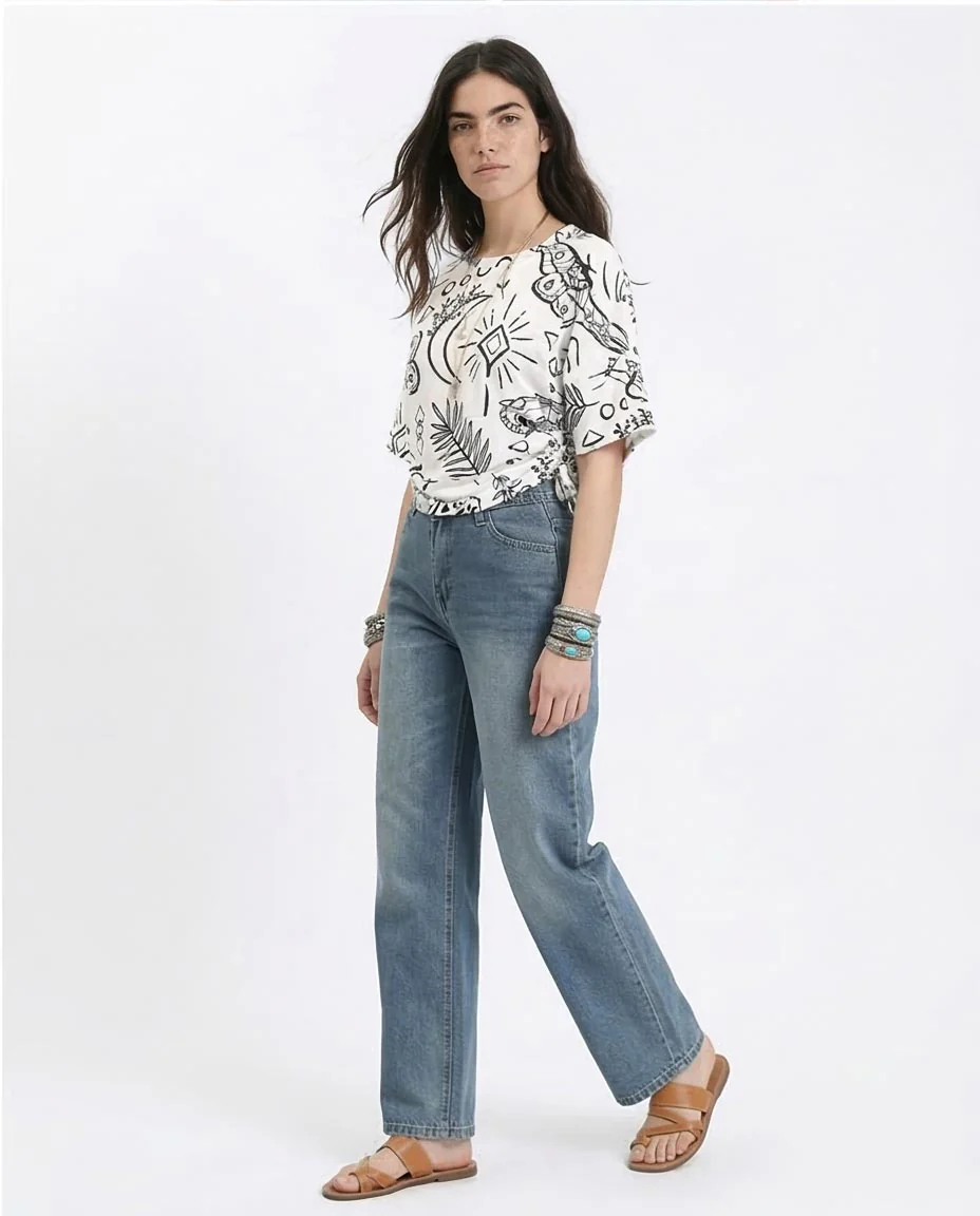 Ravin Celestial & Botanical Print Tied Tee - White & Black - R209835 - Image 5