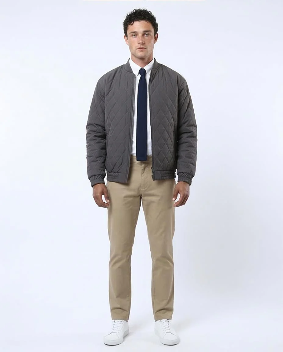 Charcoal Grey Diamond Quilted Bomber Jacket - O175350 - Image 3