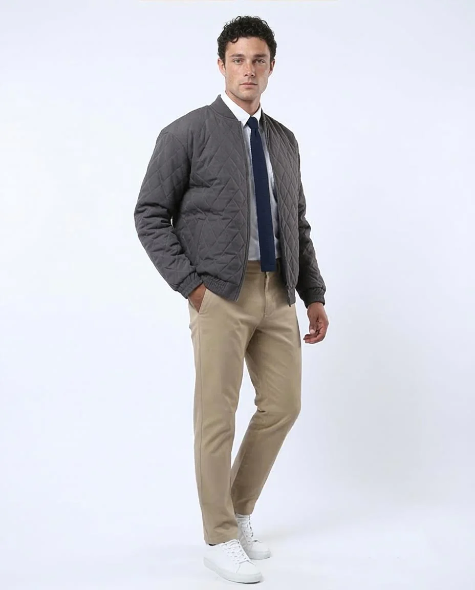 Charcoal Grey Diamond Quilted Bomber Jacket - O175350 - Image 5