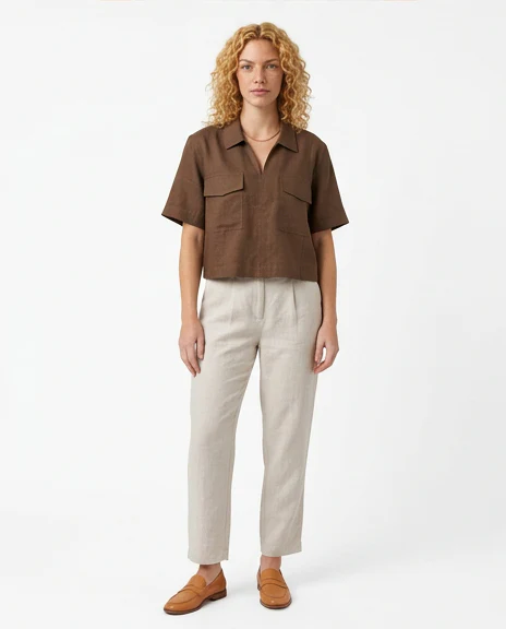 Chocolate Boxy Linen-Blend Utility Shirt - R216618 - Image 3