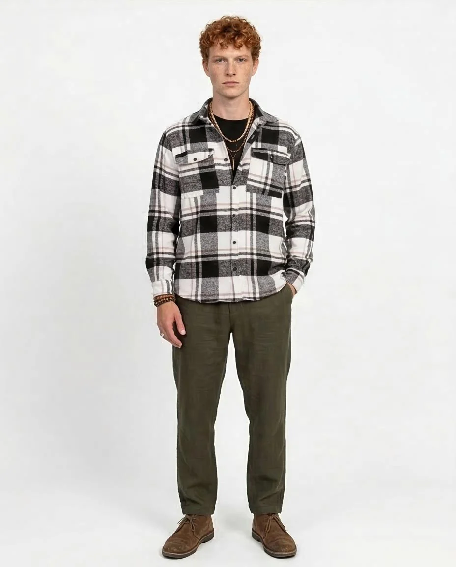 Classic Neutral Plaid Flannel Double Pocket Shirt - O200611 - Image 3