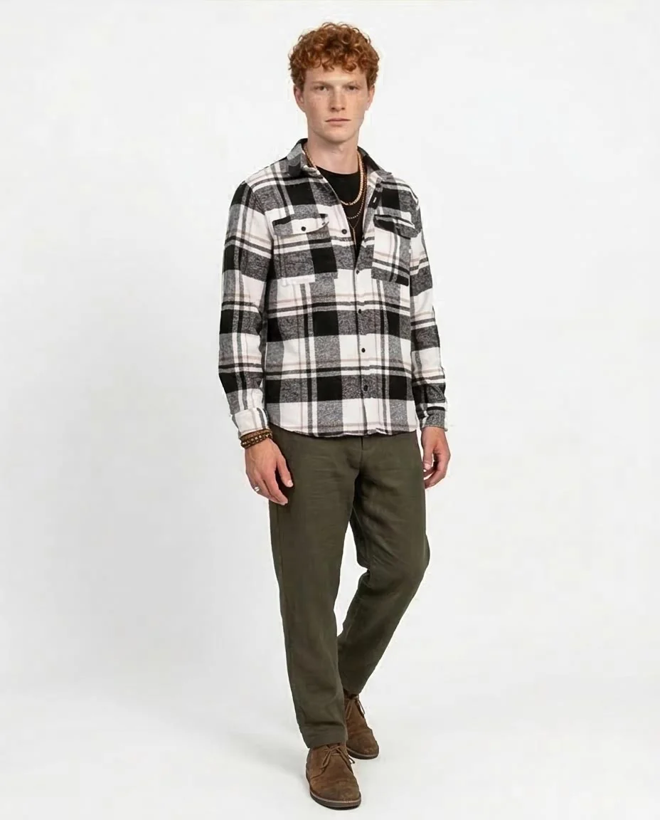 Classic Neutral Plaid Flannel Double Pocket Shirt - O200611 - Image 5
