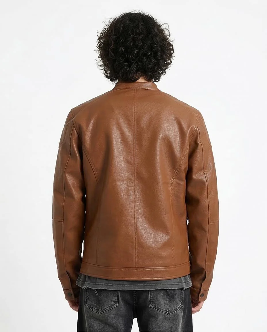 Cognac Brown Sleek Faux Leather Cafe Racer Jacket - 95853 - Image 2
