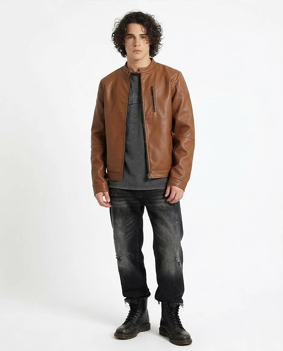 Cognac Brown Sleek Faux Leather Cafe Racer Jacket - 95853 - Image 3