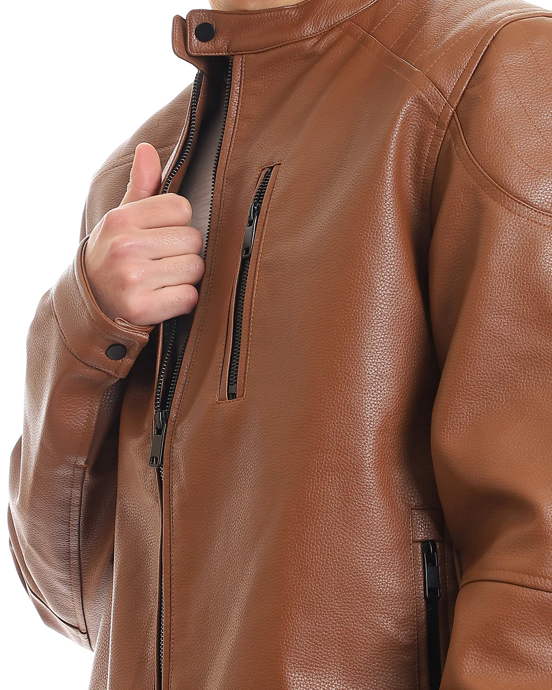 Cognac Brown Sleek Faux Leather Cafe Racer Jacket - 95853 - Image 4