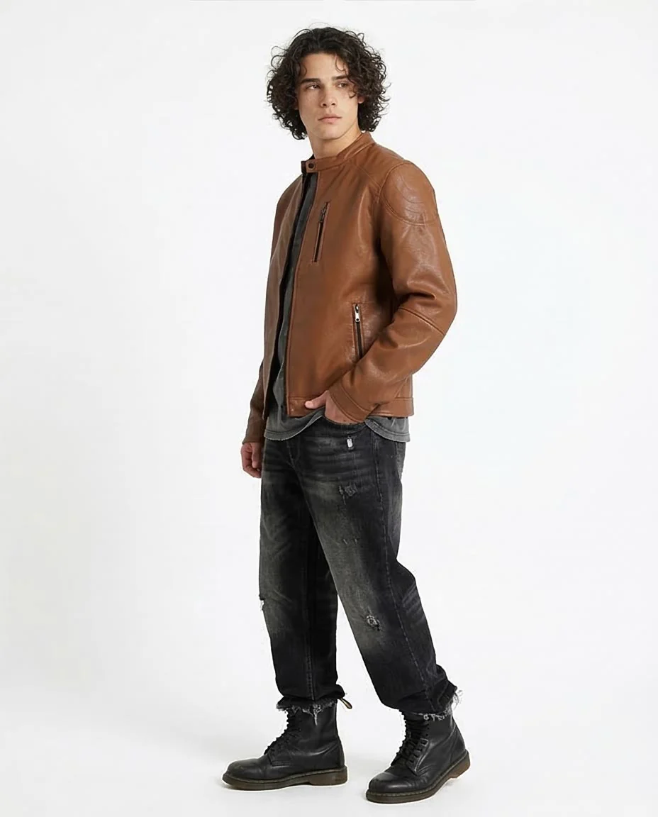 Cognac Brown Sleek Faux Leather Cafe Racer Jacket - 95853 - Image 5
