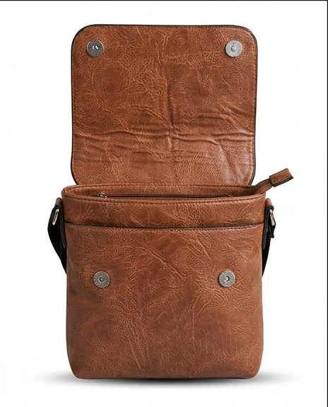 Cognac Textured Faux-Leather Crossbody Bag - R216594 - Image 3