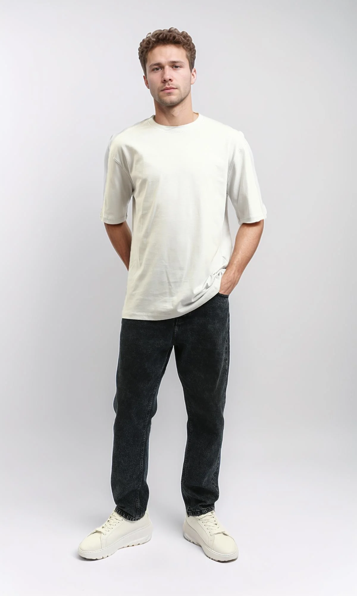 R215877 - Comfy Elbow-Sleeves Cotton Tee - Light Grey - Image 5