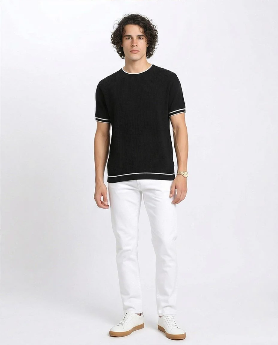 Ravin Contrast-Trim Waffle Knit Short Sleeve T-Shirt - Black - R206907 - Image 4
