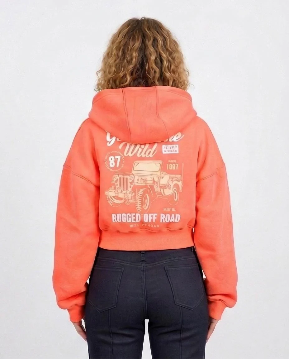 Coral Cropped Graphic Zip-Up Hoodie - O201150 - Image 2