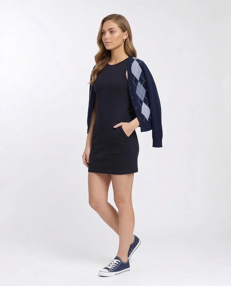 R207224 - Cotton Sleeveless Bodycon Short Dress - Navy Blue - Image 5