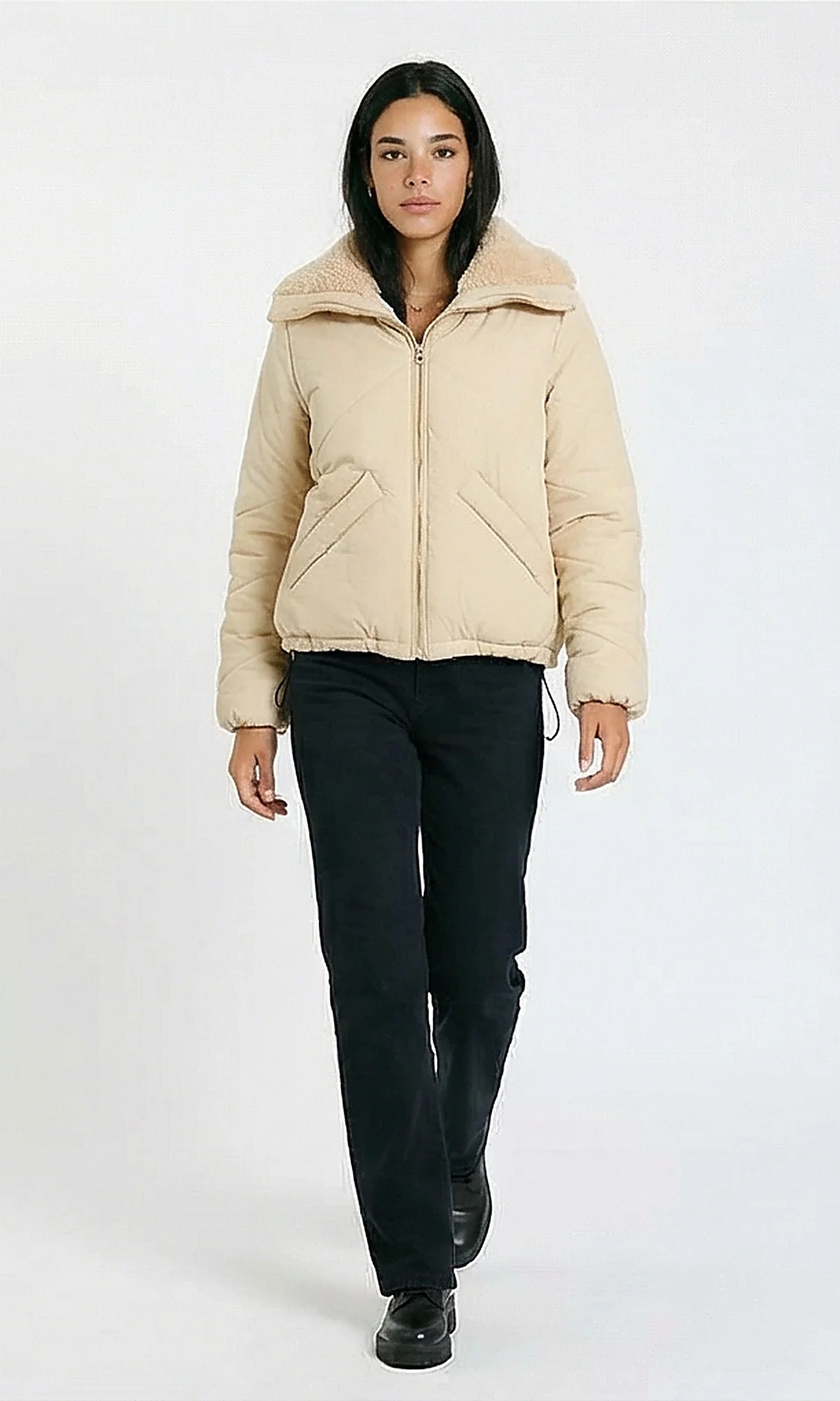 R211078 - Coziness Puffer Jacket with Inner Fur - Beige - Image 3