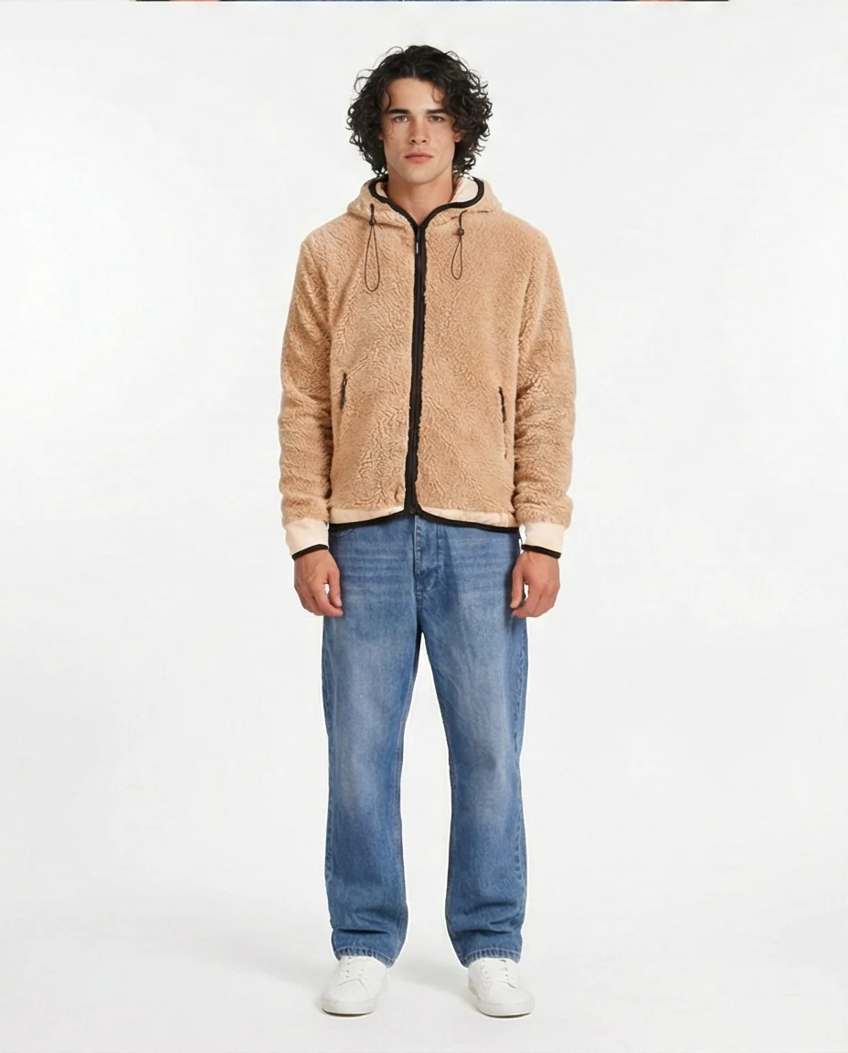 O199950 - Cozy Fur Zip-Up Hoodie – Camel Brown - Image 3