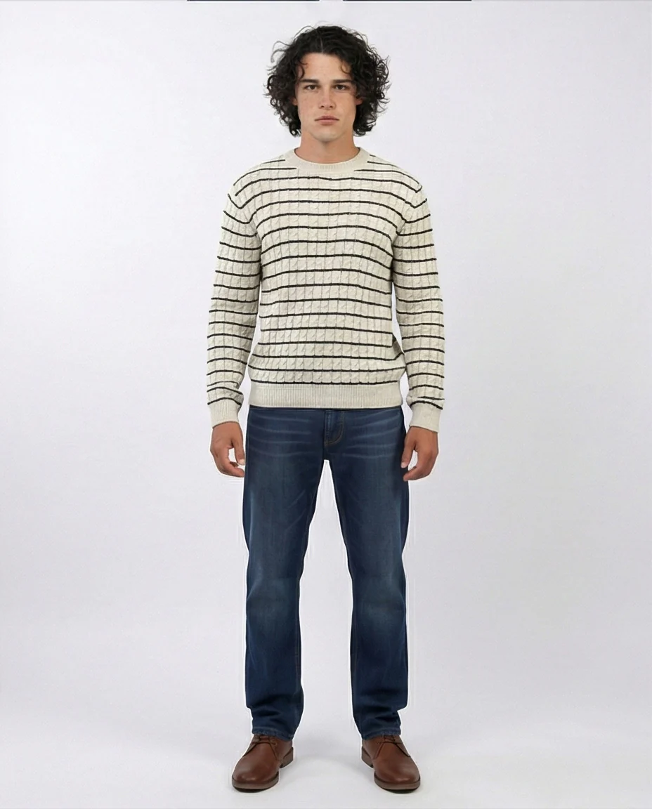 Cream & Black Striped Cable Knit Crew Neck Pullover - O201239 - Image 3