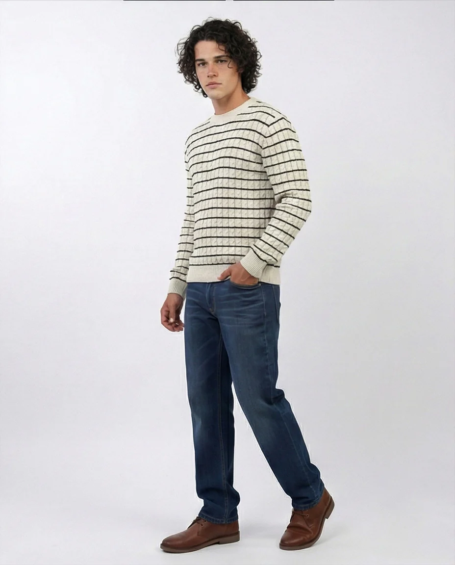 Cream & Black Striped Cable Knit Crew Neck Pullover - O201239 - Image 4