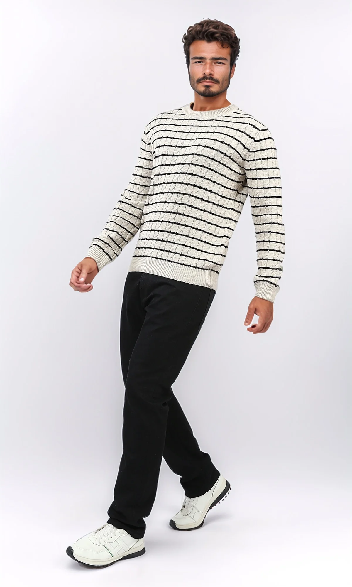 Cream & Black Striped Cable Knit Crew Neck Pullover - O201239 - Image 5