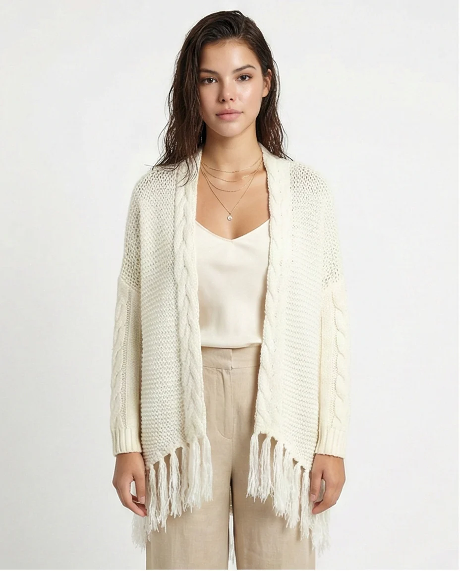 Cream Cable-Knit Fringed Cardigan - Image 2