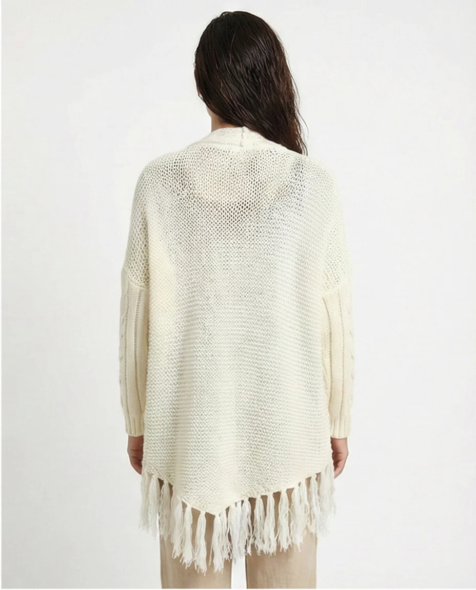 Cream Cable-Knit Fringed Cardigan - Image 3