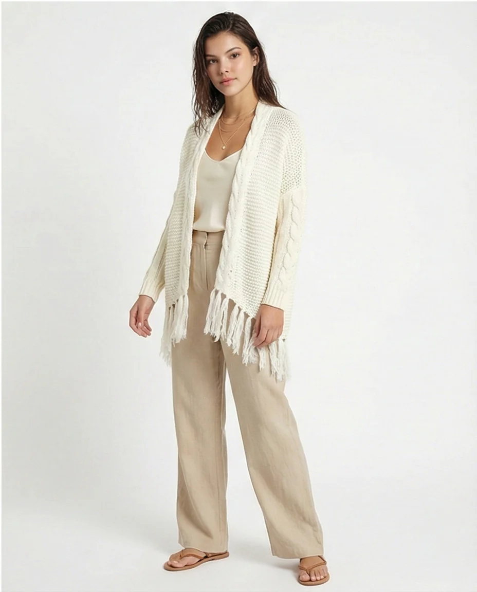Cream Cable-Knit Fringed Cardigan - Image 5