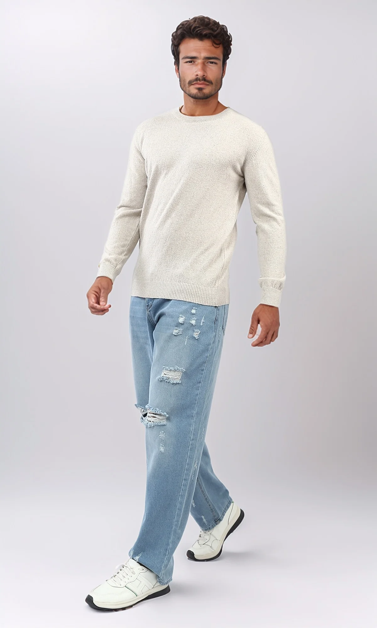 Cream Melange Fine-Knit Crew Neck Pullover - O198792 - Image 5