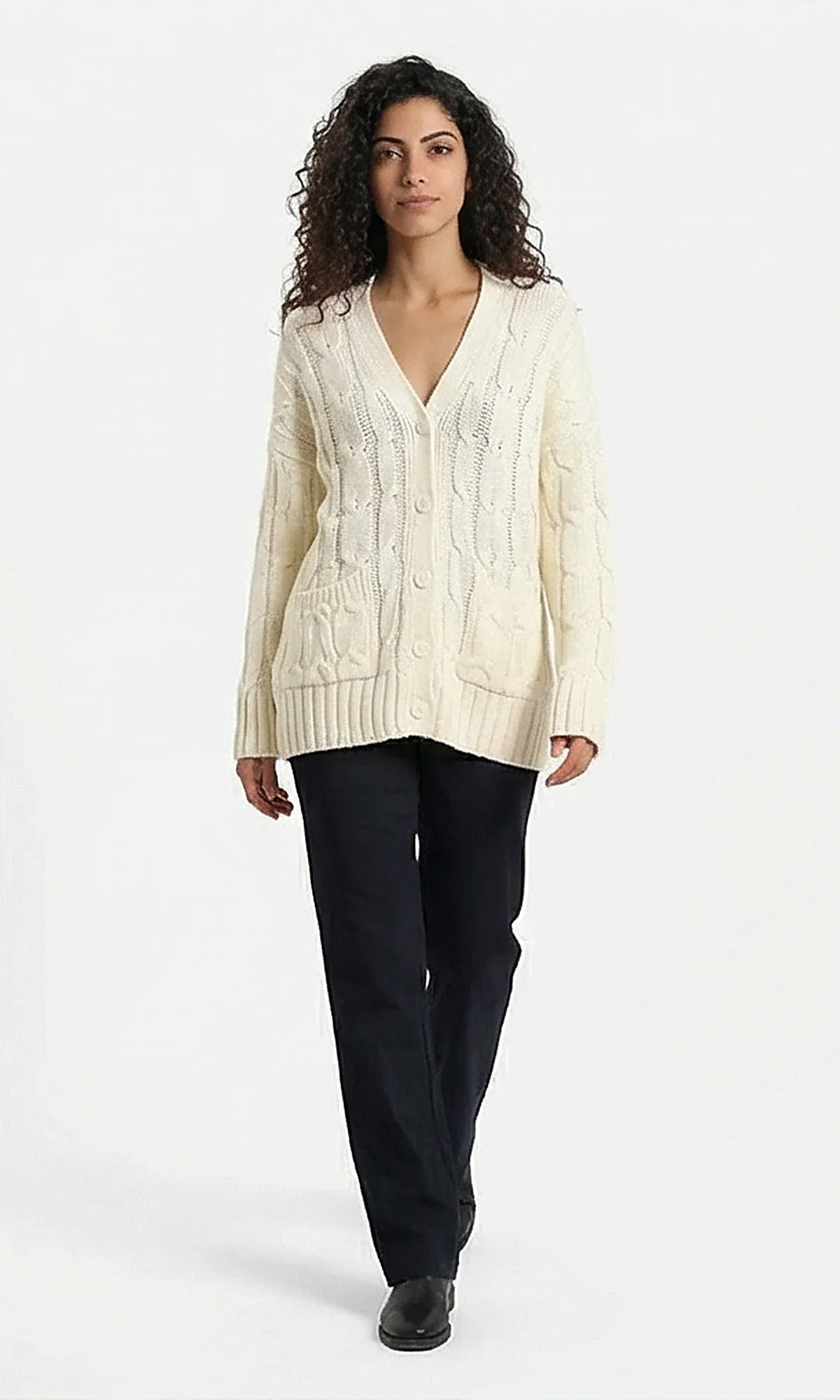 Cream Oversized Cable Knit Button-Down Cardigan - Image 4