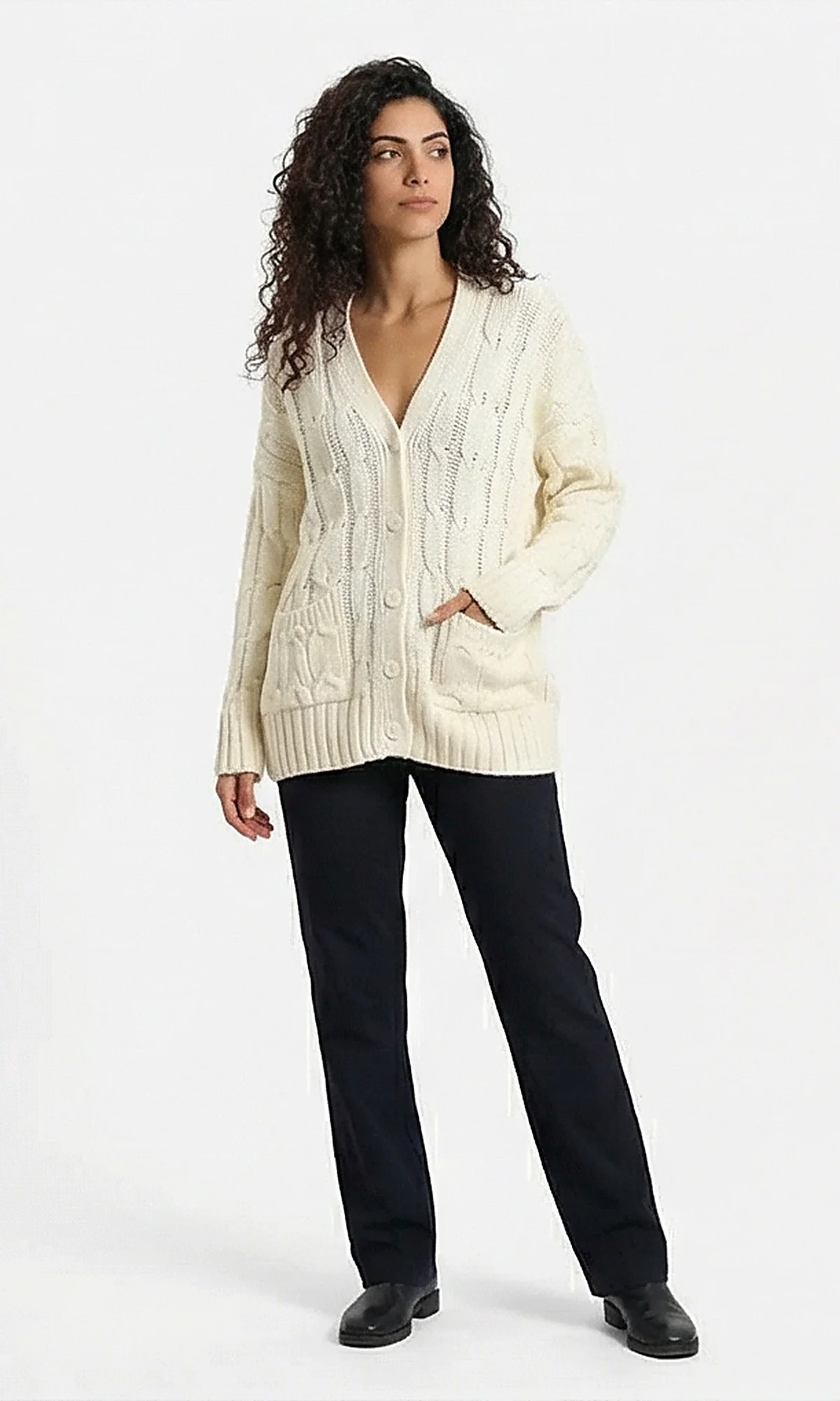 Cream Oversized Cable Knit Button-Down Cardigan - Image 5
