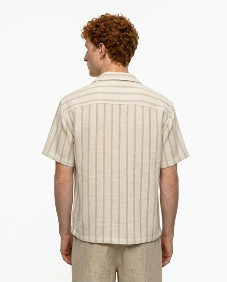 Cream Textured Striped Cuban Collar Short Sleeve Shirt - R217510 - Image 2