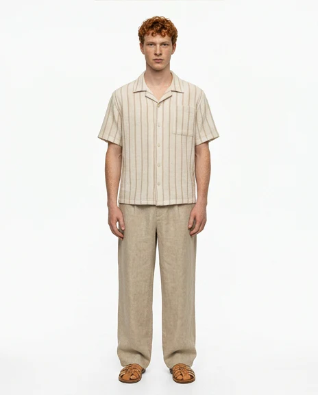 Cream Textured Striped Cuban Collar Short Sleeve Shirt - R217510 - Image 3
