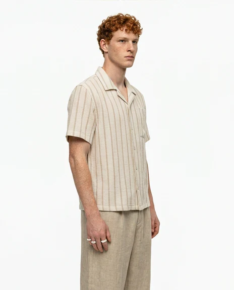Cream Textured Striped Cuban Collar Short Sleeve Shirt - R217510 - Image 4